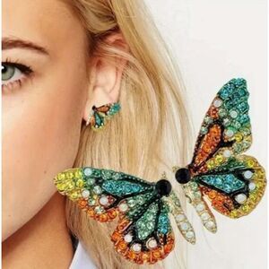 Split Colorful Rhinestone Butterfly Earrings One Wing Side on Each Ear
